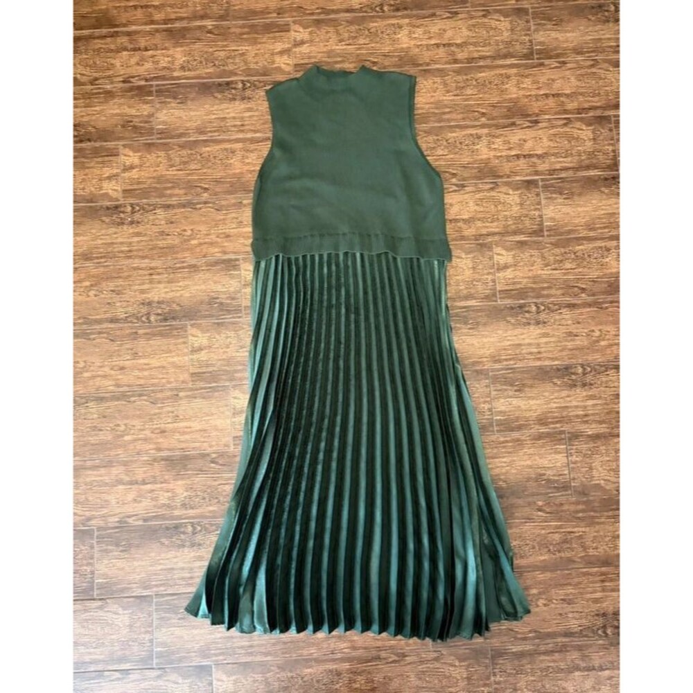 Max Studio London Green Knit Top Pleated Satin Maxi Dress - L